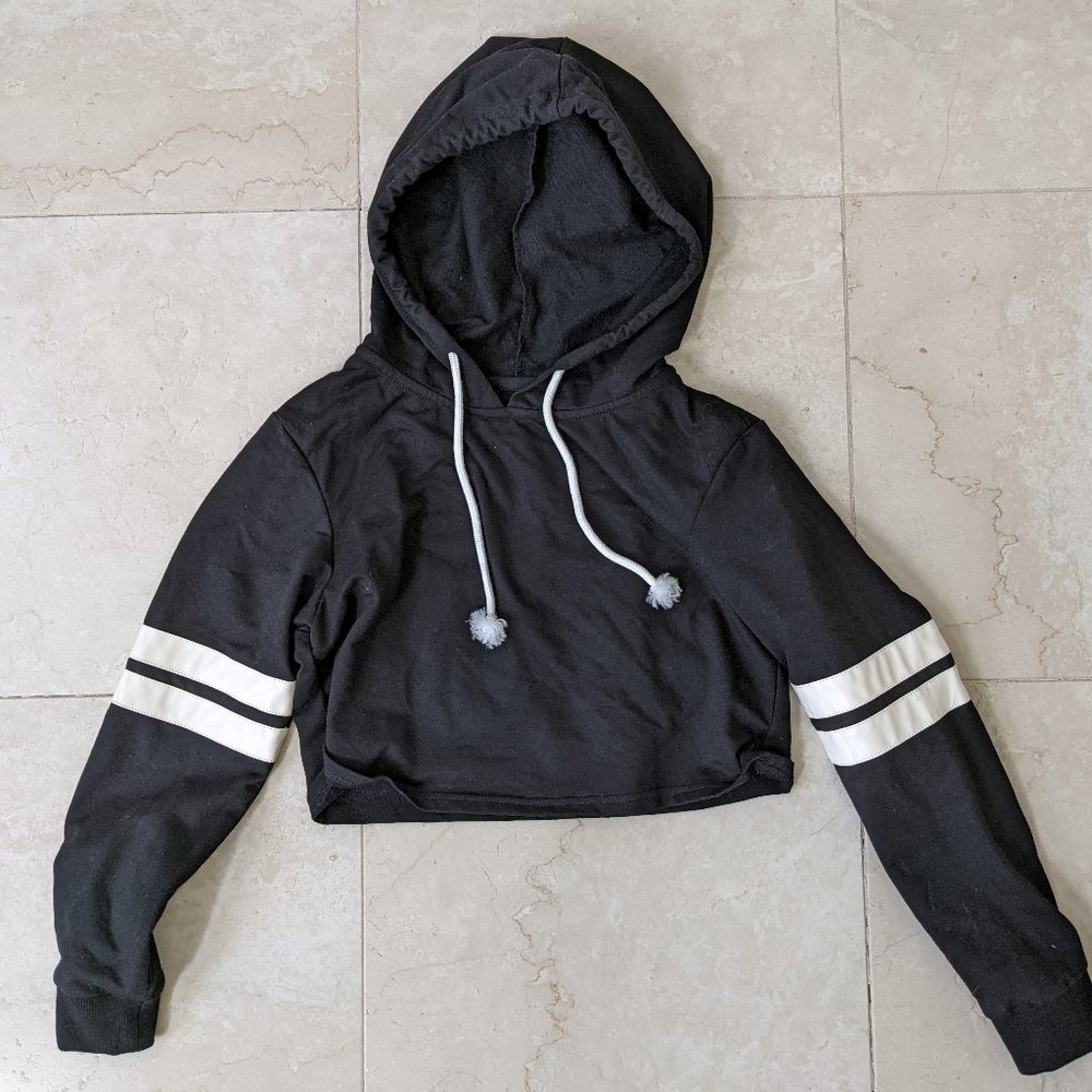 Mirawise fashion women's cropped long-sleeve hoodie black with white stripes